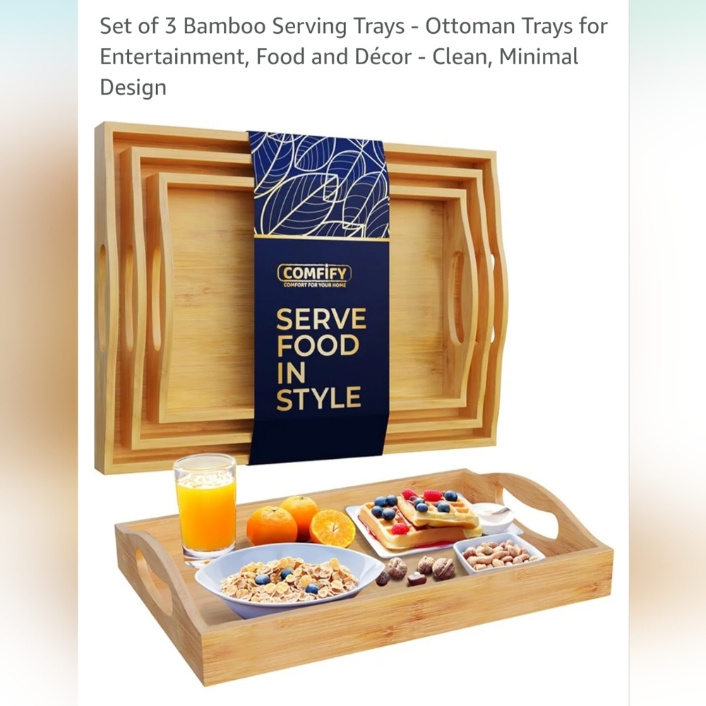 Set of three nesting bamboo serving trays